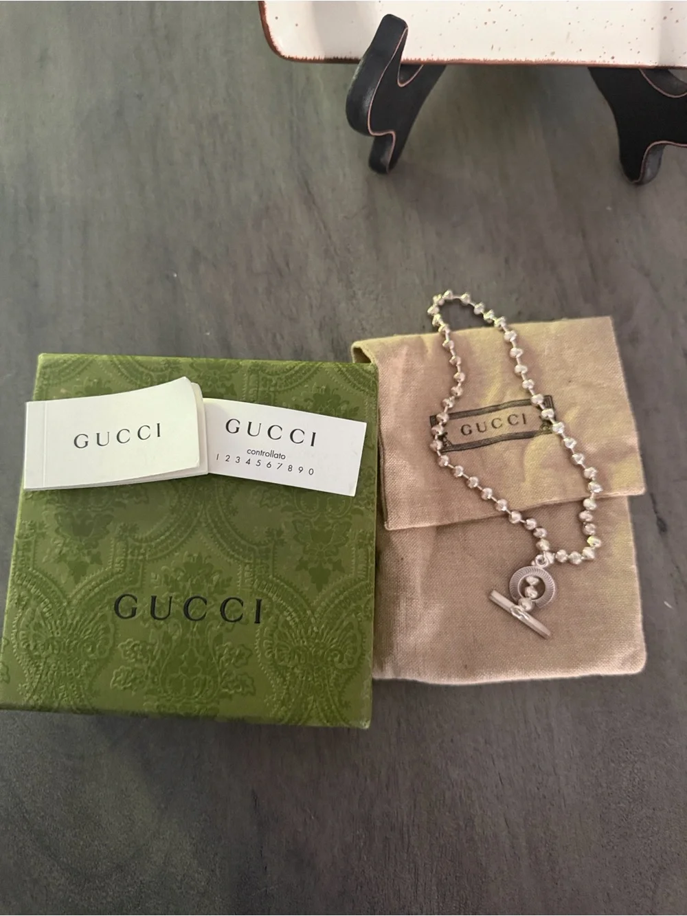 Gucci Silver Textured Bead Toggle Necklace